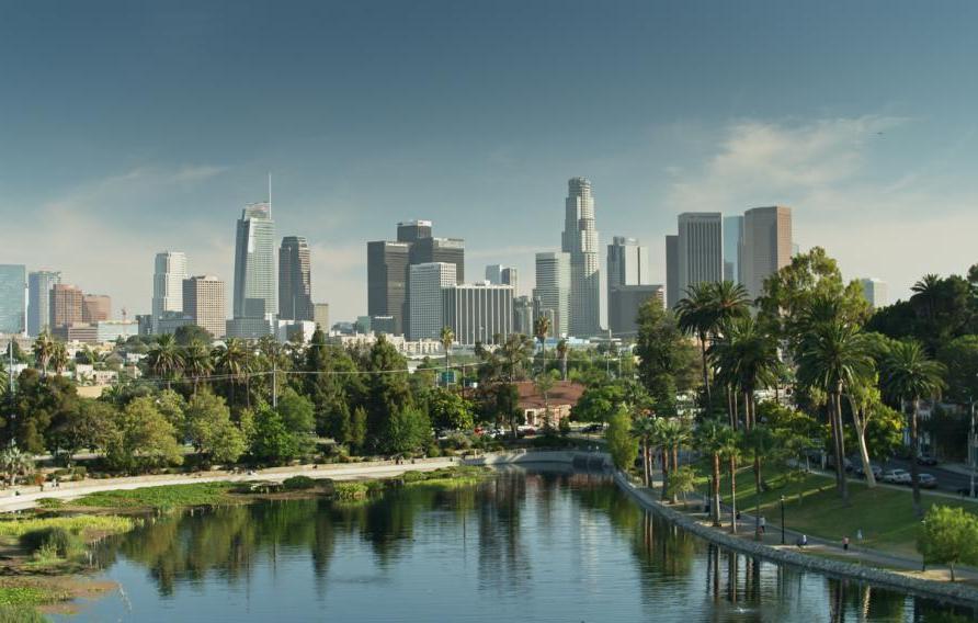 Aerial view of Echo Park Lake overlooking downtown Los Angeles, California.